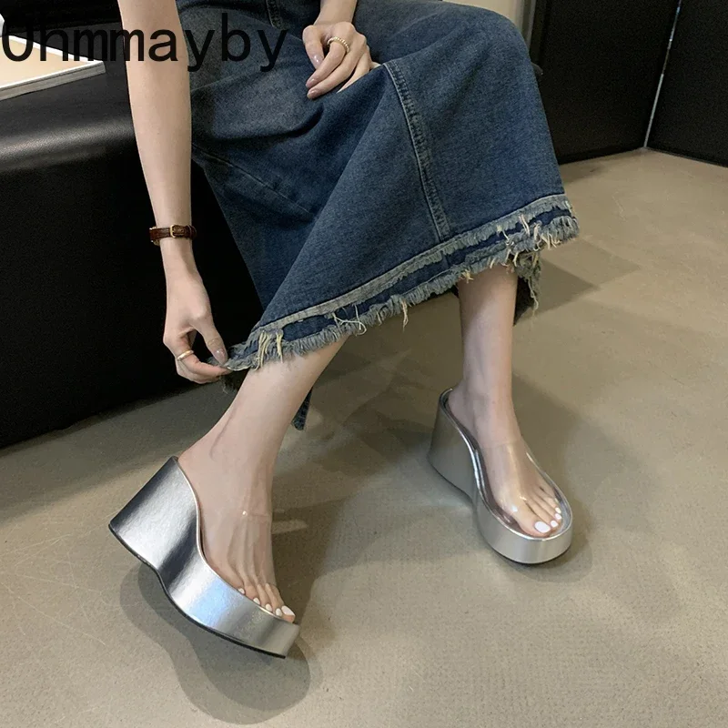 2024 Summer Chunky Woman Slippers Fashion PVC Transparent Platform Wedges Heel Slides Ladies Outdoor Open Toe Beach Shoes