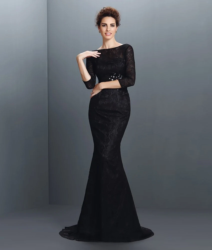 

Customized Sexy Lace Mermaid Crystal Evening Dress Delicate 3/4 Sleeves O-neck Floor Length فستان سهرة نسائي