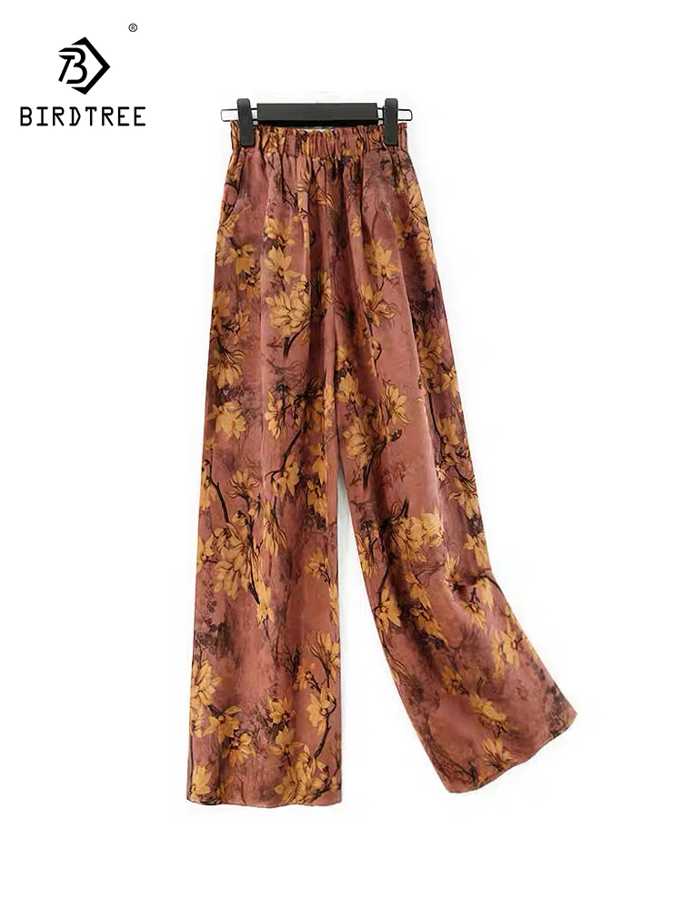 

BirdTree-Женские элегантные брюки из шелковой полированной марли, жаккардовые брюки с эластичной резинкой на талии, роскошные широкие брюки в стиле ретро, осенняя новинка 2023 года B5O596CC