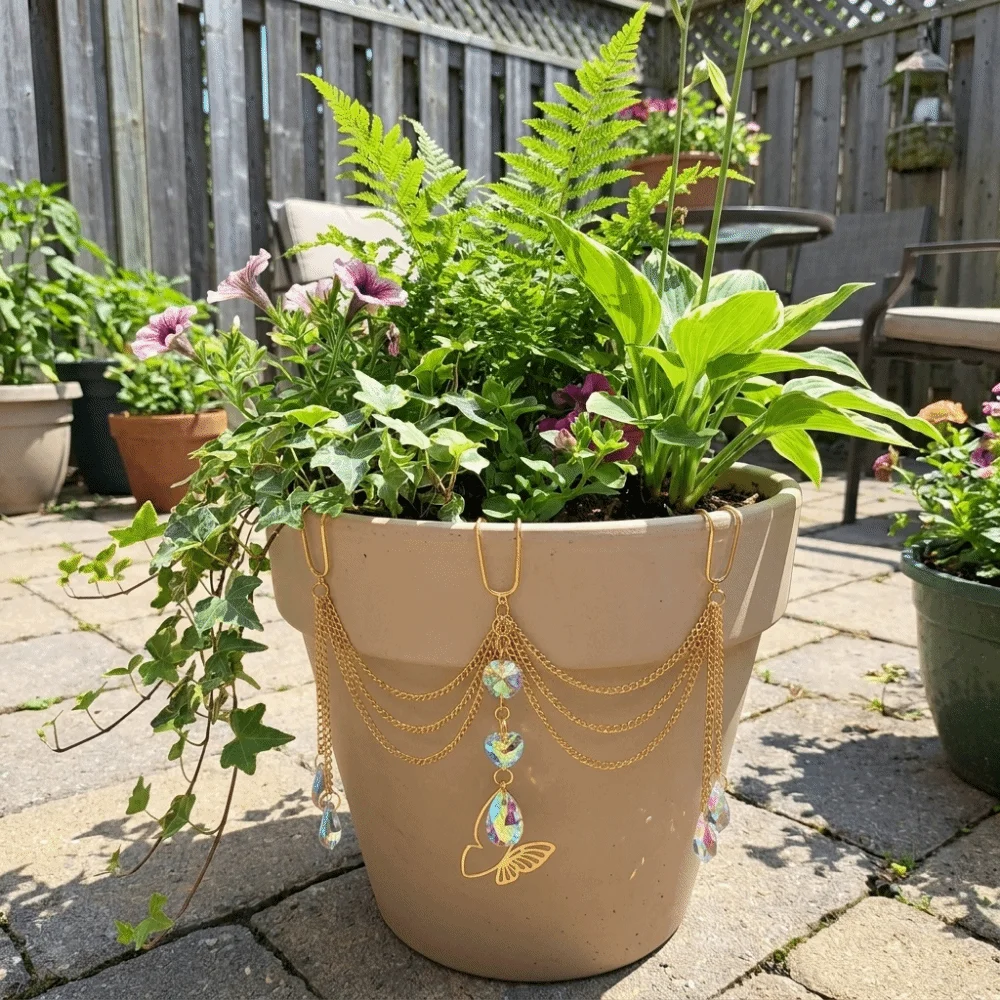 Colorful Flower Pot Crystal Sun Catcher Butterfly Design Reflective Hanging Pot Crystal Exquisite Decorative