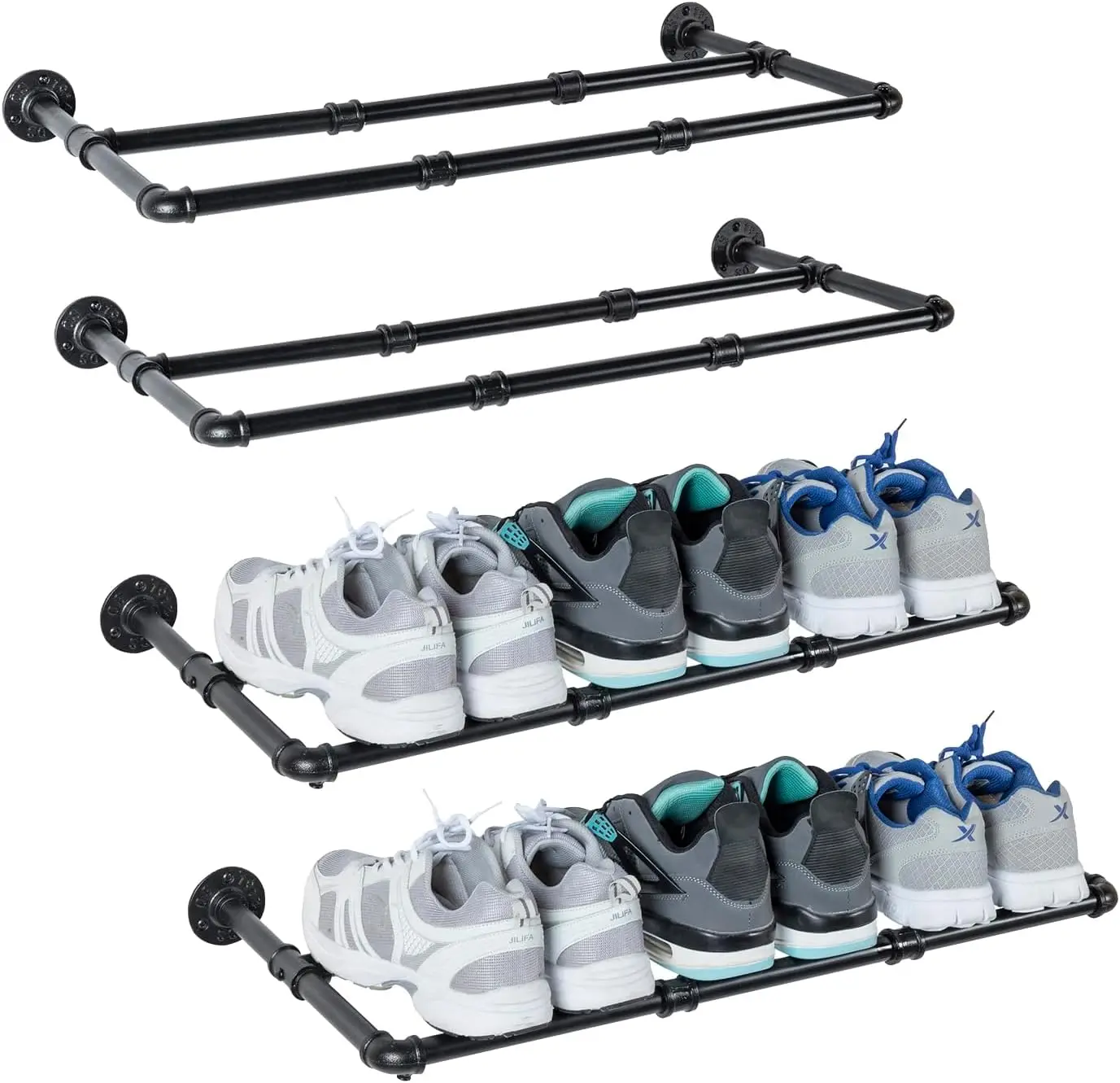 

Set Of 4 Industrial Matte Black Metal Pipe Hanging Shoe And Boot Rack Organizer Shelf, Wall Mounted Space Saving Footwear
