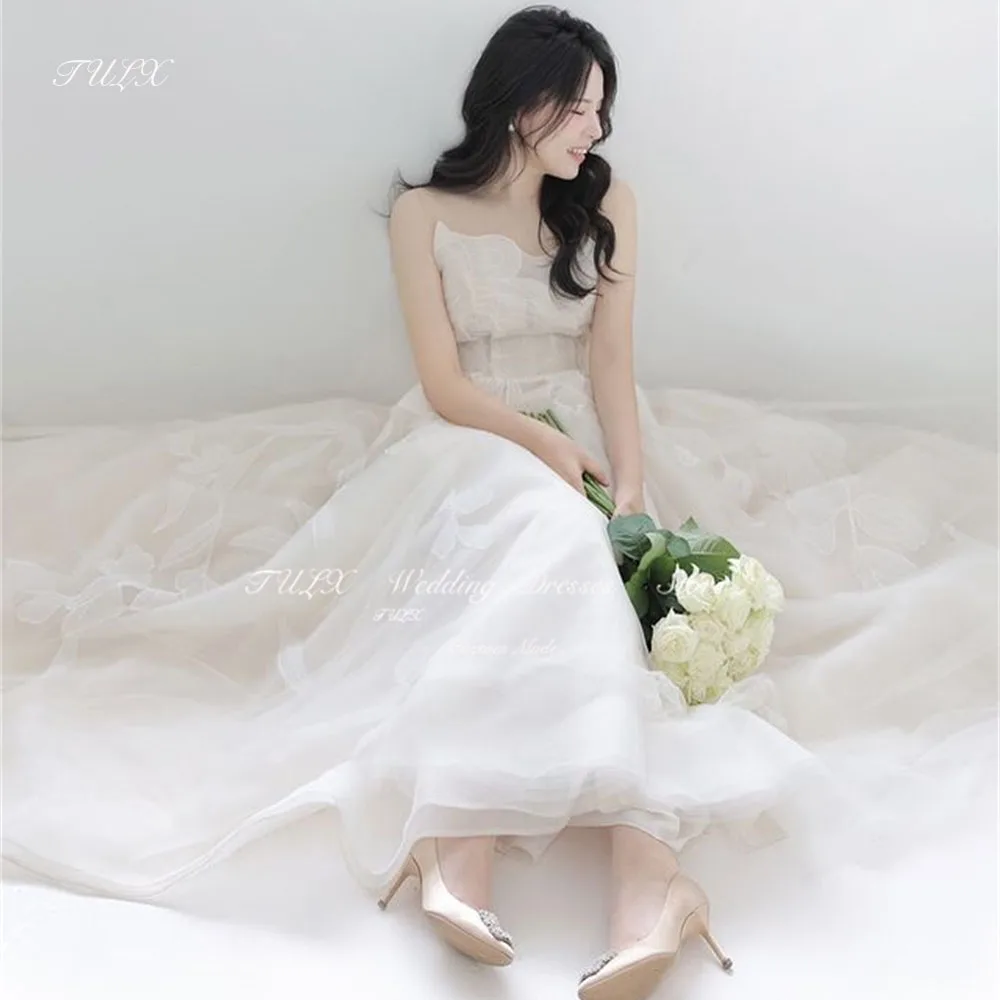 TULX Strapless A-line Korea Wedding Dress Photo Shoot Luxury Lace Floor Length Tulle Bridal Gown Corset 웨딩드레스 Custom Made 2025