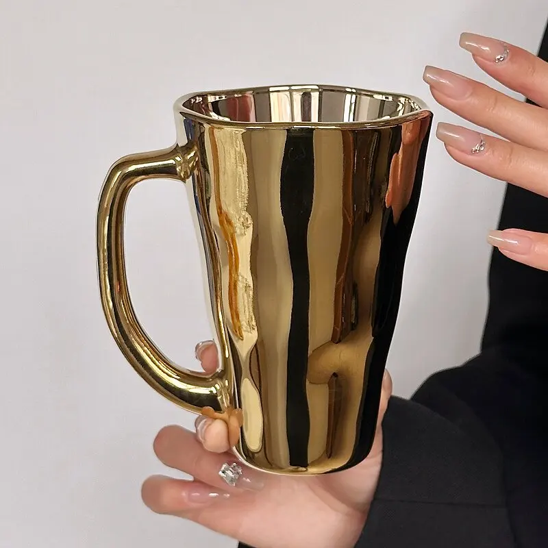 Irregularly Shaped Glass Mug With Handle/Laser-etched Gold Finish/Coffee Cups/Drink cup/Electroplated Gold Water Cup