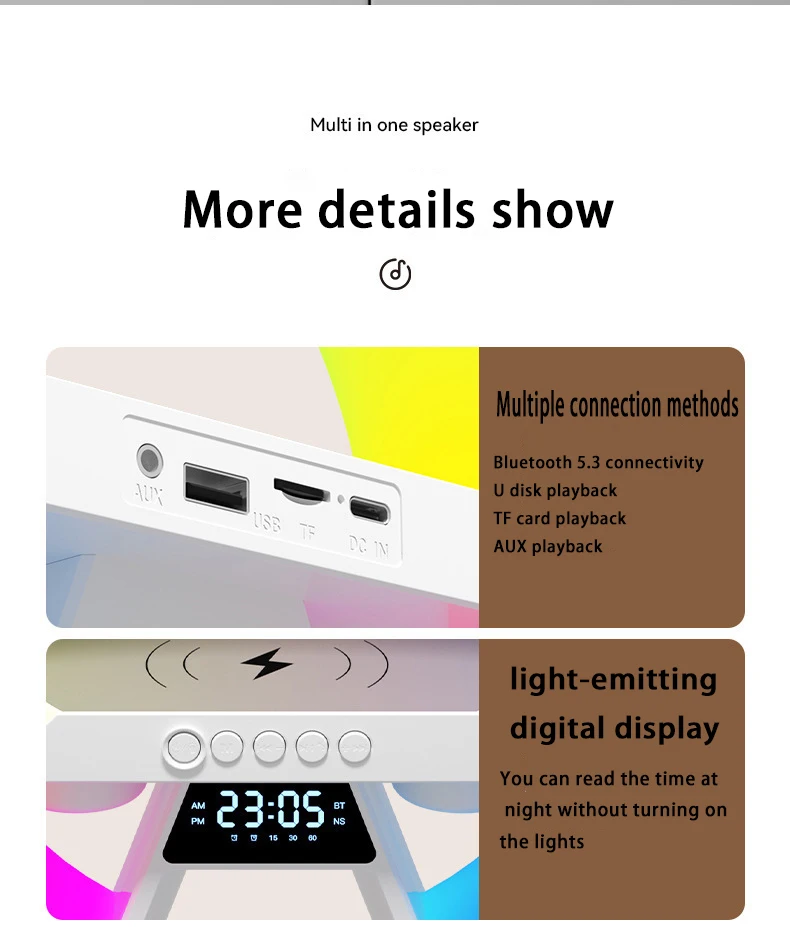Clock Light Bedside Lamp Table Lamp Night Light cool Running Light 15 Watt Fast Charging and Bluetooth Speaker