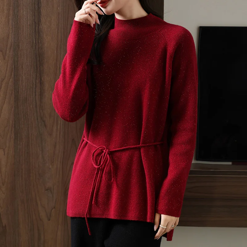 Hot Sale Women\'s Clothing Sales With Drawstring Women\'s Sweater 100% Wool Loose Soft O-neck Knitted Pullovers Design Wool Sweate