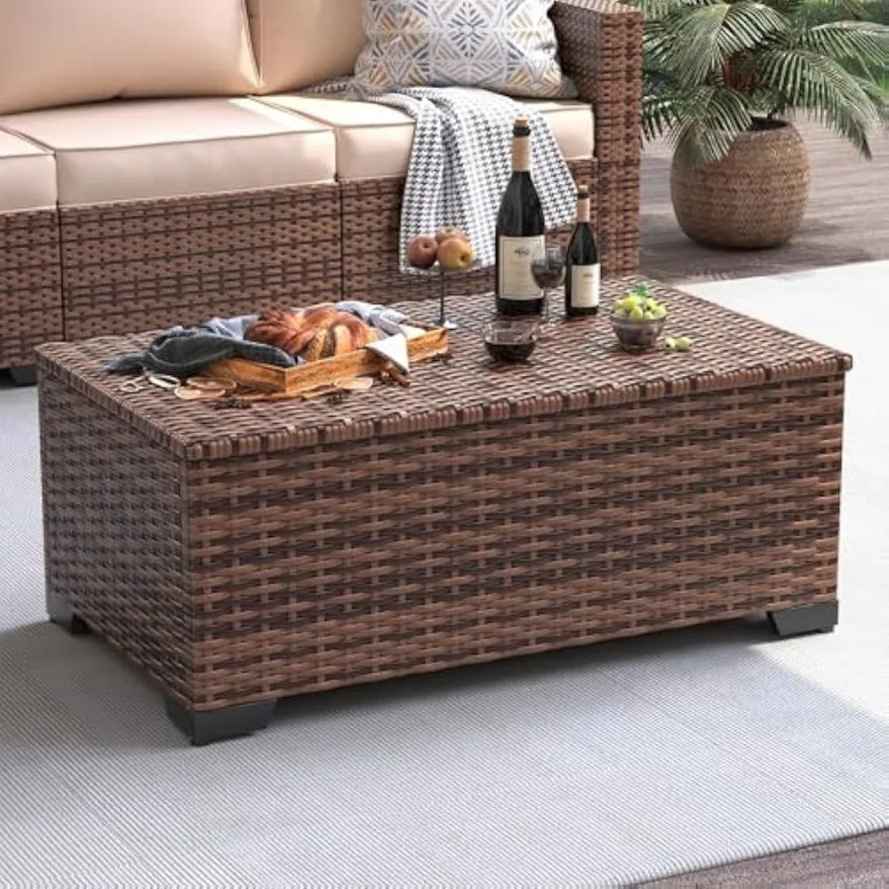 Outdoor Storage Table Patio Coffee Table All Weather Wicker Side Table with Waterproof Covers Rattan Furniture for Toys