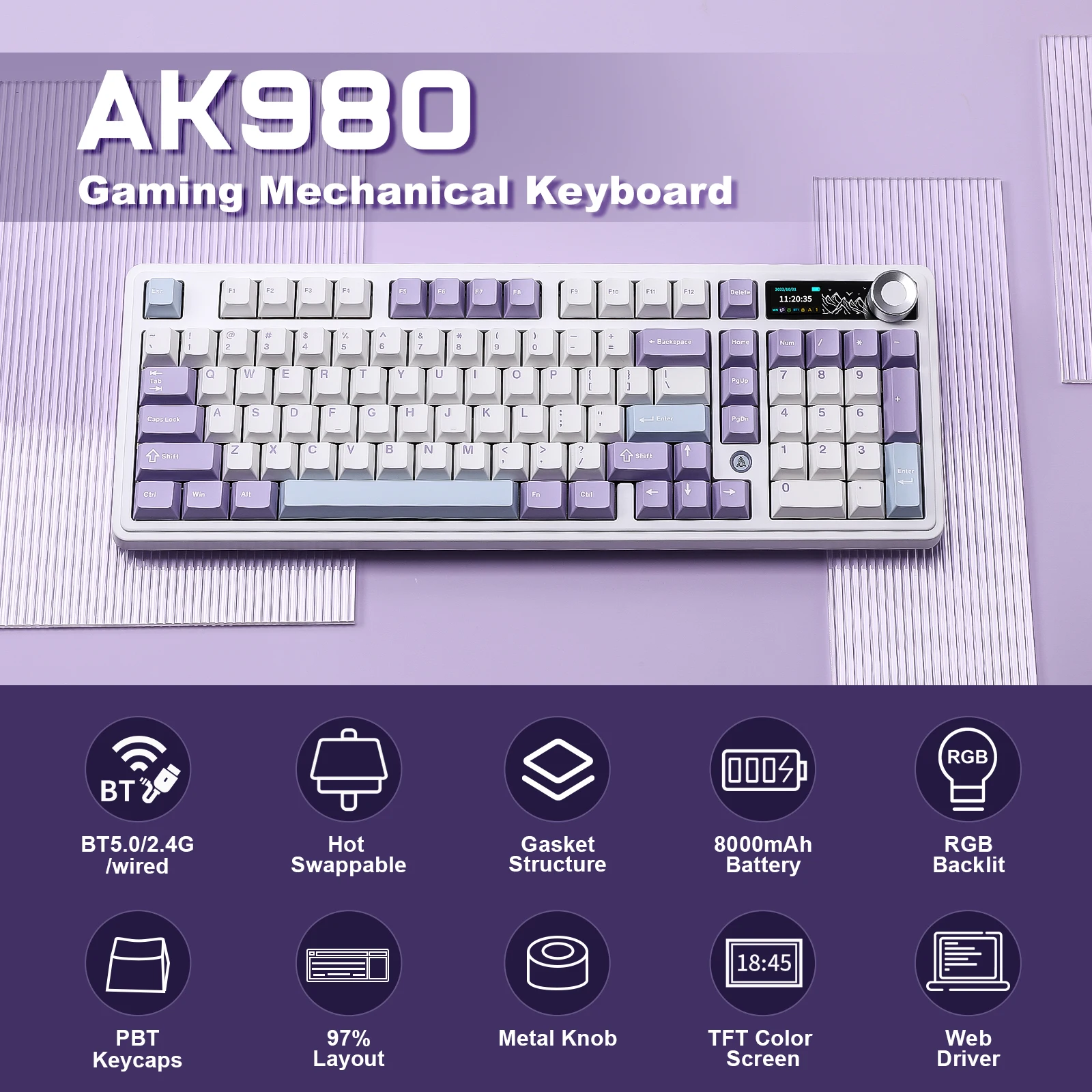AJAZZ AK980 White Mechanical Keyboard with Smart Display&Knob, Full Size RGB Wireless Keyboard, Hot-Swap PBT Keycaps 98% Keeb