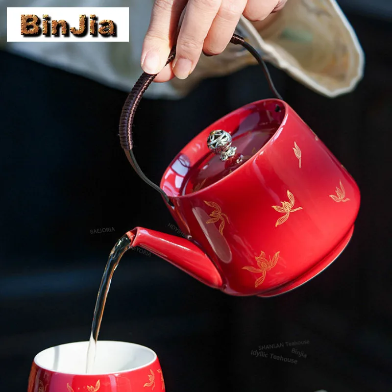

293ml Forbidden City Red Gold Stamp Orchid Hoop Handle Teapot Ancient Tea Infuser Pot Tea Making Kettle With Strainer Cafes Gift