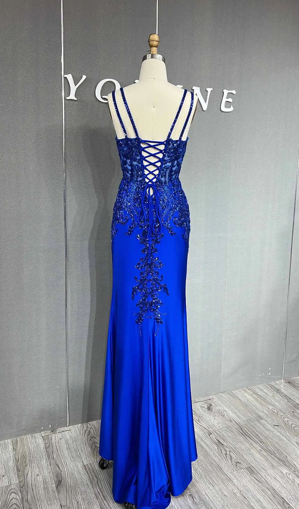 YQLNNE Royal Blue High Slit Beading Prom Dresses Long Spaghetti Sequined Spandex Mermaid Evening Gown Lace-up