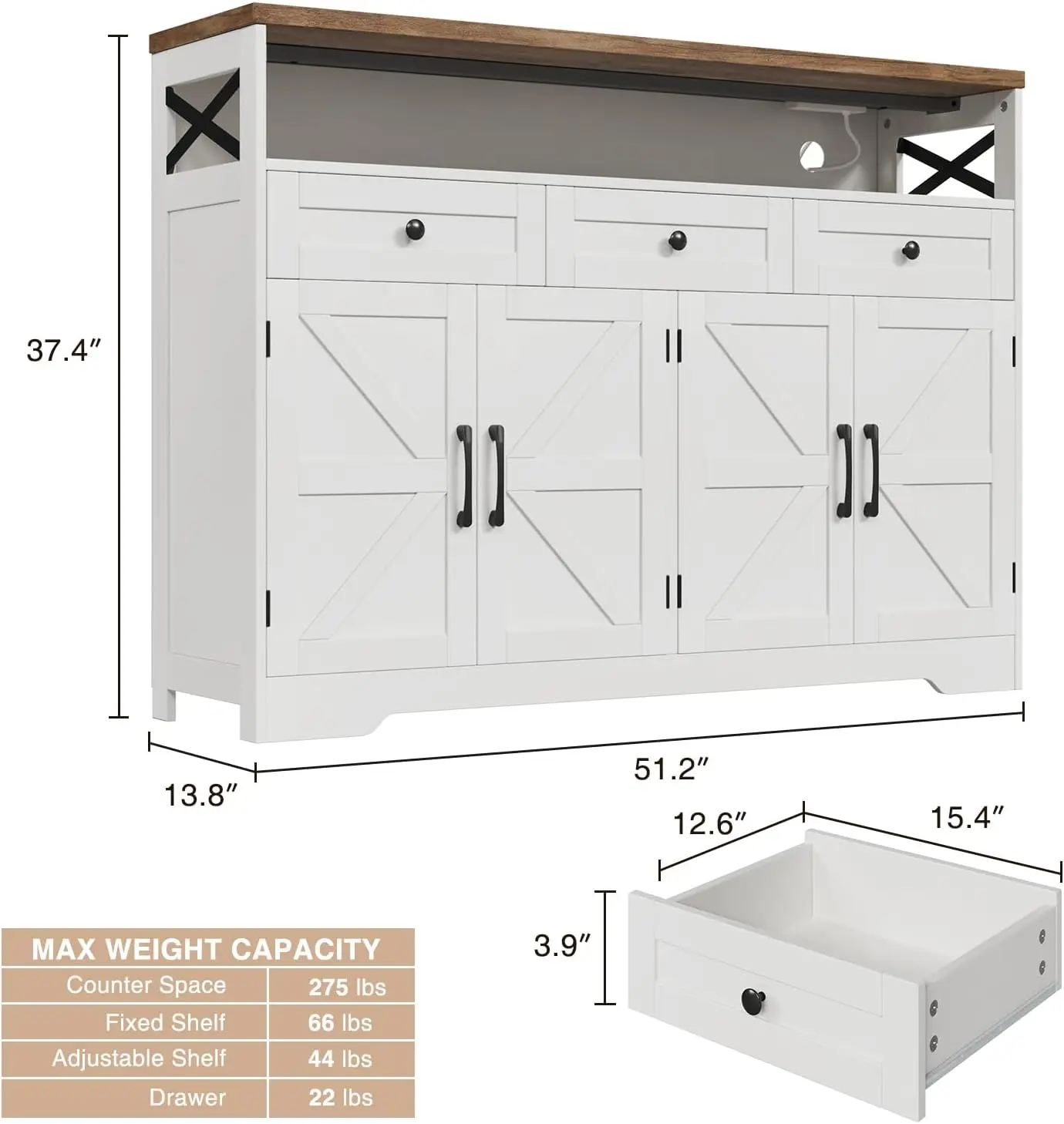 Vabches Sideboard, Buffetschrank mit 3 Schubladen und offenem Regal, Holz, Küche, Speisekammer, Aufbewahrungsschrank mit Tür, Steckdose, Esszimmer