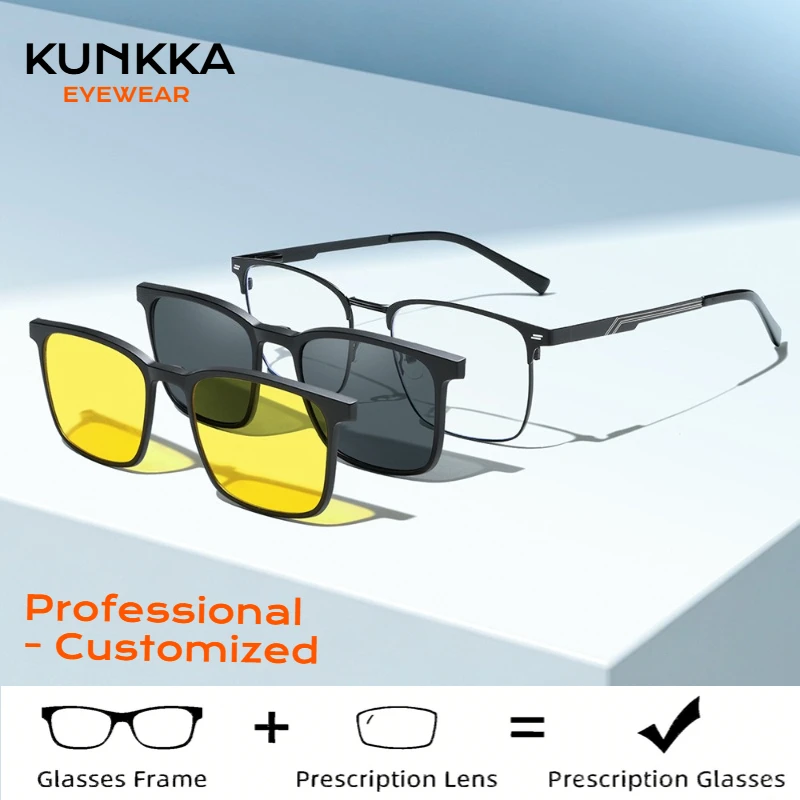 KUNKKA Retro Square Prescription Glasses Men Women Magnetic Clip Polarized Sunglasses Anti-Blue Light Myopia Hyperopia Eyewear