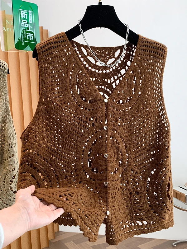 Authentic Button-Up Knitted Vest Women's Spring Autumn Loose Fitted Top Polyester Fiber Short Length Single-Button Closure