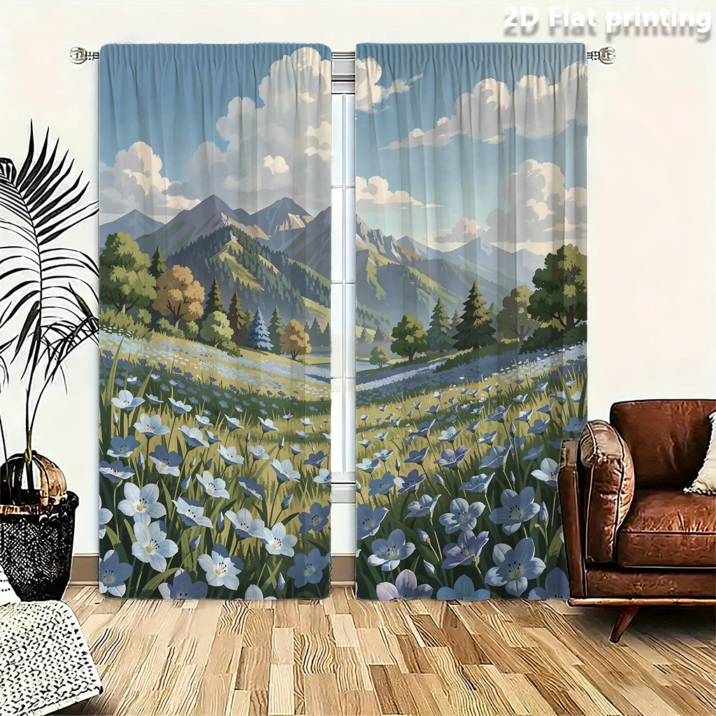 2PCS Digital Print Curtains, Blue Wildflower, Meadow Nature