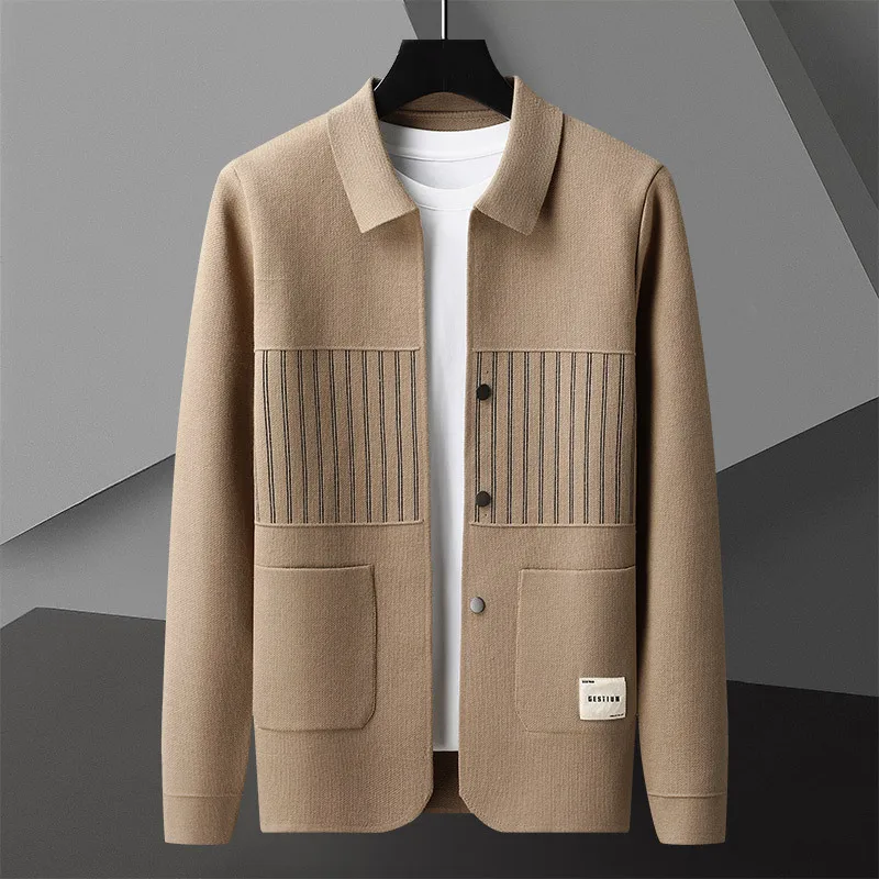 Simple Solid Color Cardigan Jacket Men Knit Casual Splicing Line Cardigan Coat Men Korean Color Contrast Lapel Jacket Cardigan