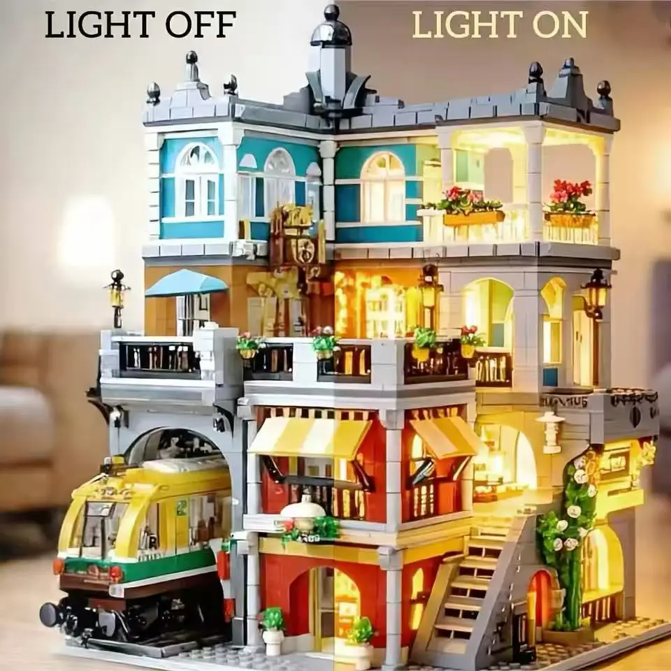 Creative City Street View Burger Shop Building Blocks Model With Light Ornaments Collection Toys for Kids Adult Christmas Gifts
