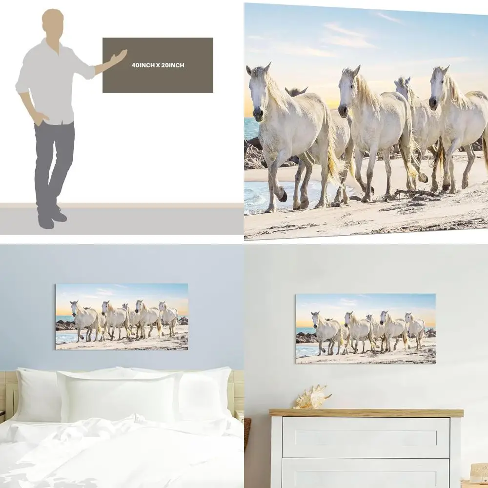 

Equine Canvas Art: White Horses in Motion, Western-Style, Suitable for Home or Office, 40x20 inches