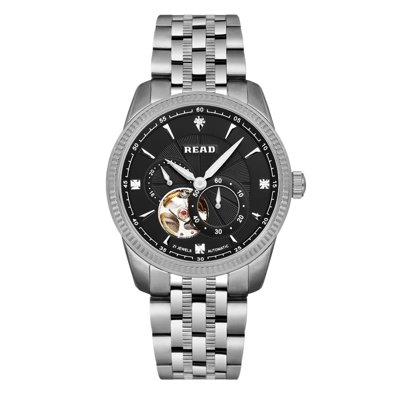 READ Men Automatic Watch | Solid Steel Band & Case | Black Skeleton Dial | Sapphire Glass | 50M Water Resistant