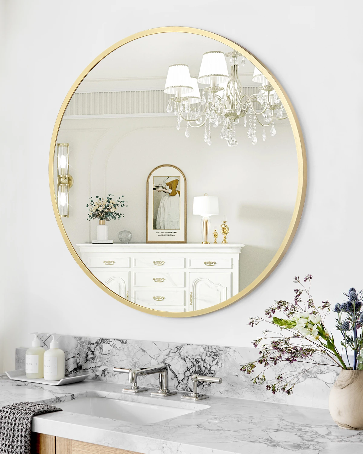 36 Inch Round Mirror, Round Mirror Gold Circle Mirror Vanity Mirror Metal Frame Wall Mounted Mirrors for Living Room, Bathroom