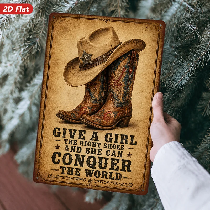 2D Flat,Metal Sign Wall Art, Western Cowboy Boots and Hat Home Decor,