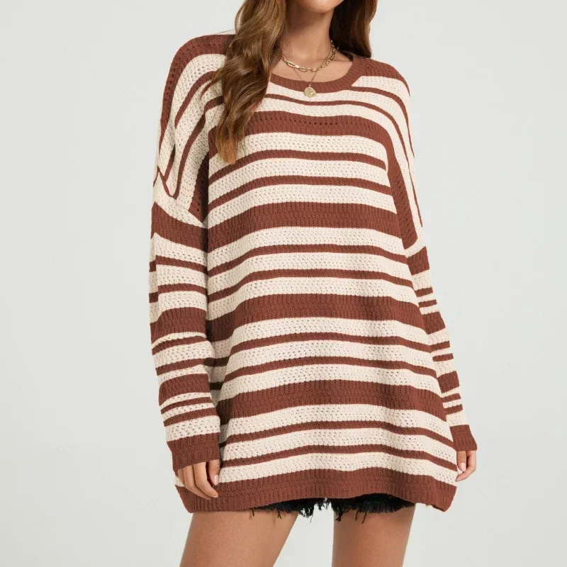 New in Women's Striped Knitted Babe Idyllic Crew Neck AutumnWinter Long Sleeves Contrasting Color Pullover Retro Loose Sweater
