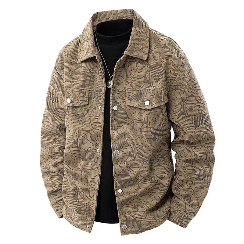 2026 Spring and Autumn Long Sleeve Jacket Men's Corduroy Jacket Pattern Tooling Lapel Top Trend