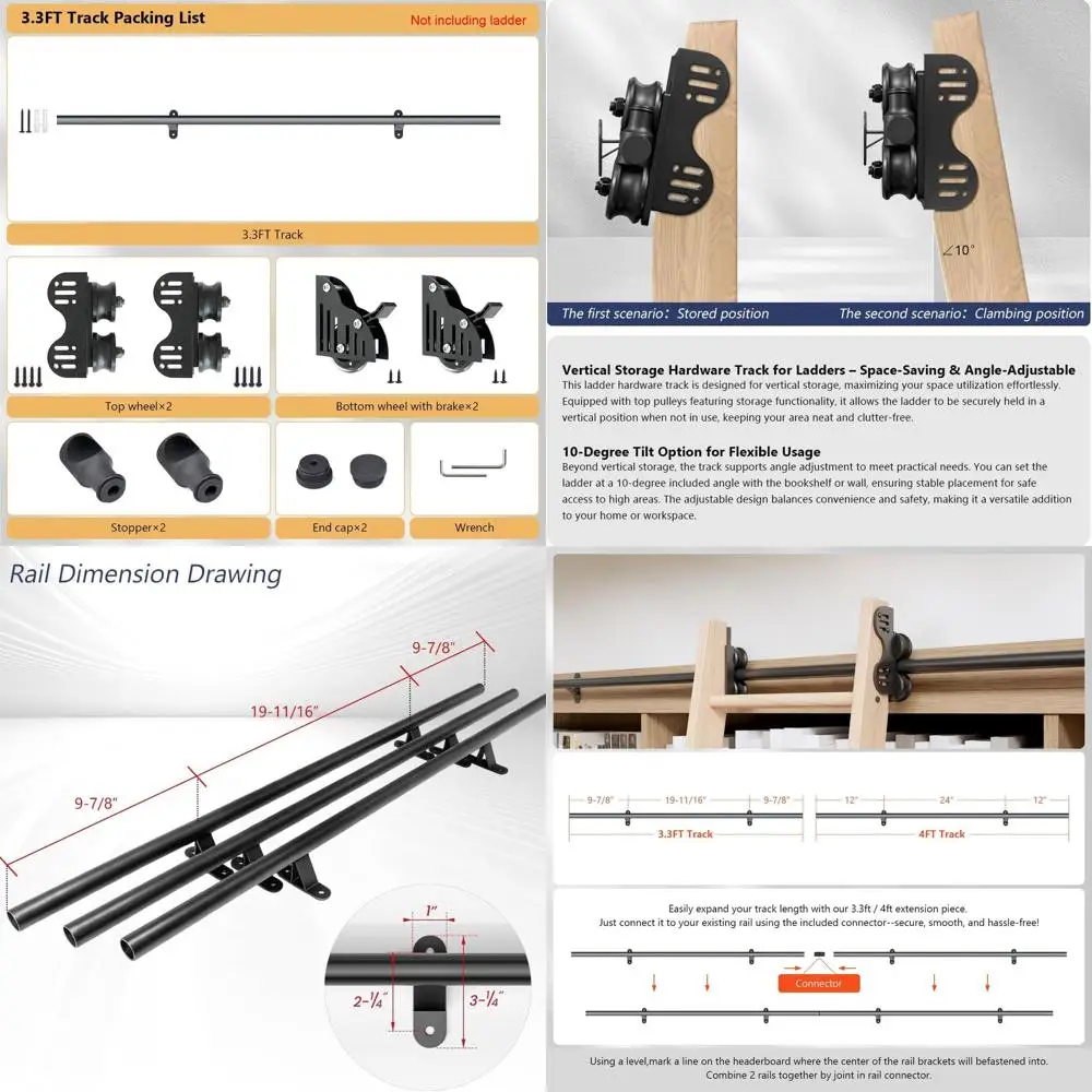 

3.3FT Sliding Library Ladder Hardware Kit, Black Retractable Rolling Ladder with Braking Casters, Adjustable to Stand Upright, M