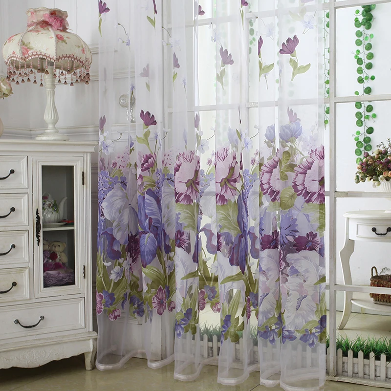 1Pc Sheer Window Curtains Curtain Rod Through Design Peony Flower Printed Polyester Tulle Voile Drape Window Home Decor