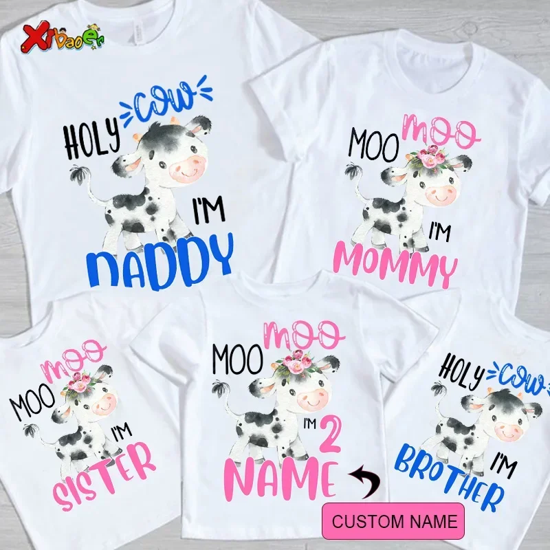 Cow Family Birthday Shirt Farm Shirts Holy Cow I'm Two Birthday Family TShirt Personalized Name Girl Matching Outfit Boy 2st 3rd