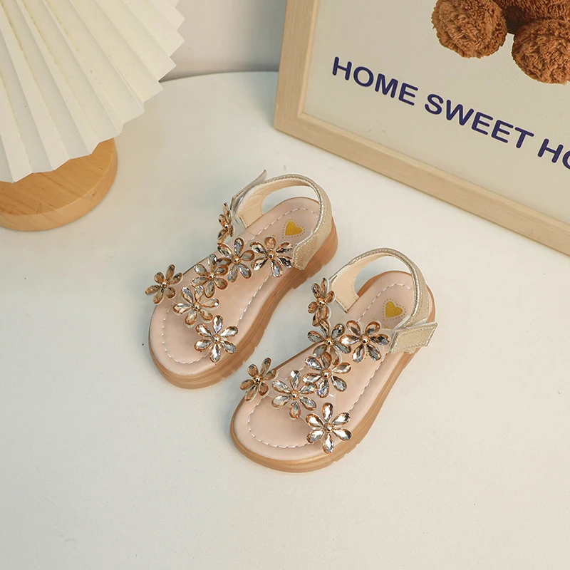 2024 Summer Girls Sandals Flower Crystal Princess Shoes Kids Fashion Rhinestone Beach Children Anti-slip Ankle Strap Shoe