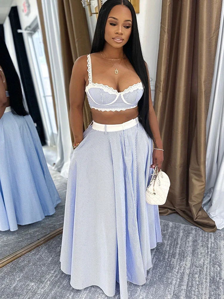 

Doyerl Striped 2 Pieces Set for Woman Outfit Birthday Party Lace Patchwork Strap Crop Top and High Waist A-line Long Skirt Sets