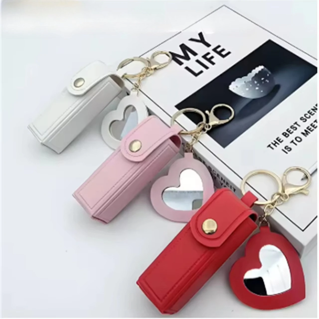 Multi-color Portable Lipstick Bag, Mini Heart Shaped Design with Mirror, Cosmetic Storage Pouch
