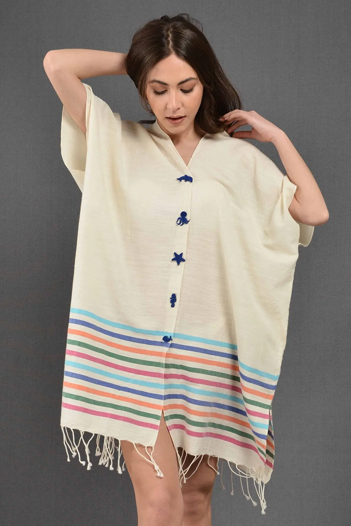 Buti Nissa-Women 'S Beige Two Piece Rainbow Striped Felt Detailed Interior Present Cotton Beach Dress New Season-BNT914