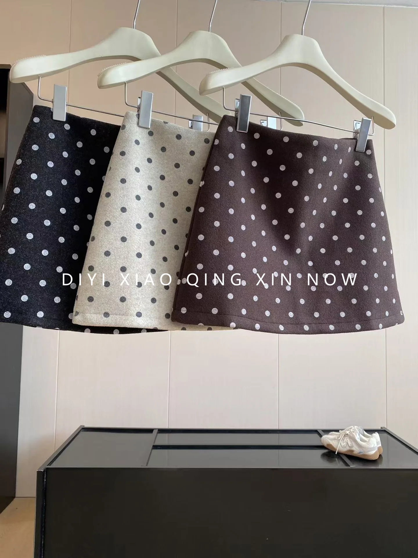 Retro Polka Dot Tweed  Skirt Women's Autumn Winter High Waist Slimming Prevent Exposure Wrap around Skirt A-Line Skirt