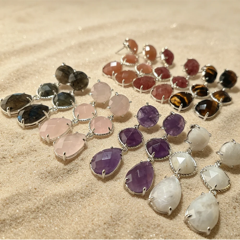 Graduated 3-Tier Bezel Set Drop Earrings Faceted Natural Gemstone Gold Silver Plated Bulk Healing Stone Ear Jewelry E2R481
