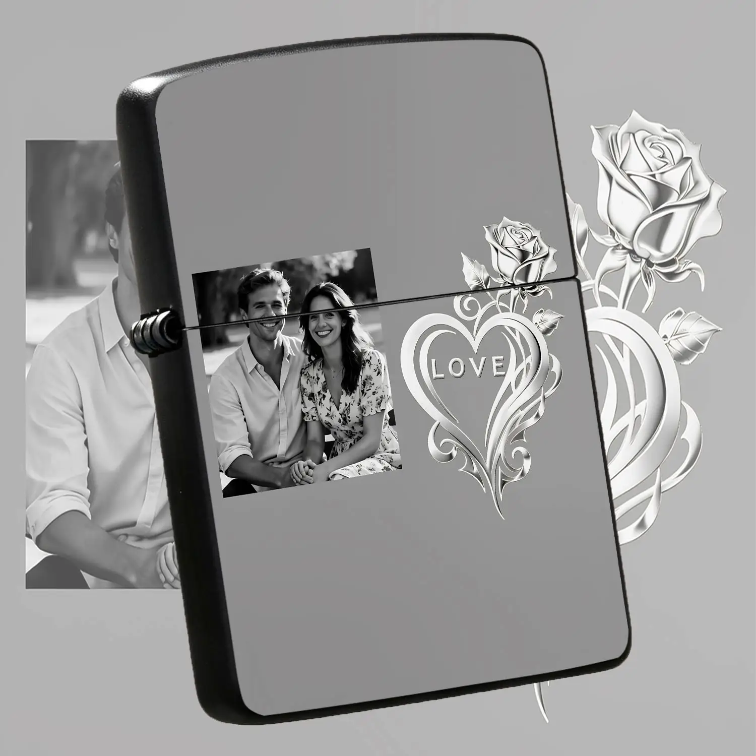 Exquisite Lighter with Sweet Couple Photo Silver LOVE Rose Pattern Portable Compact Romantic Keepsake Ideal for Dating Anniversary Gift Daily Carrying All Scenarios Present for Beloved Partner Cherish Precious Memories A Humorous And Intere