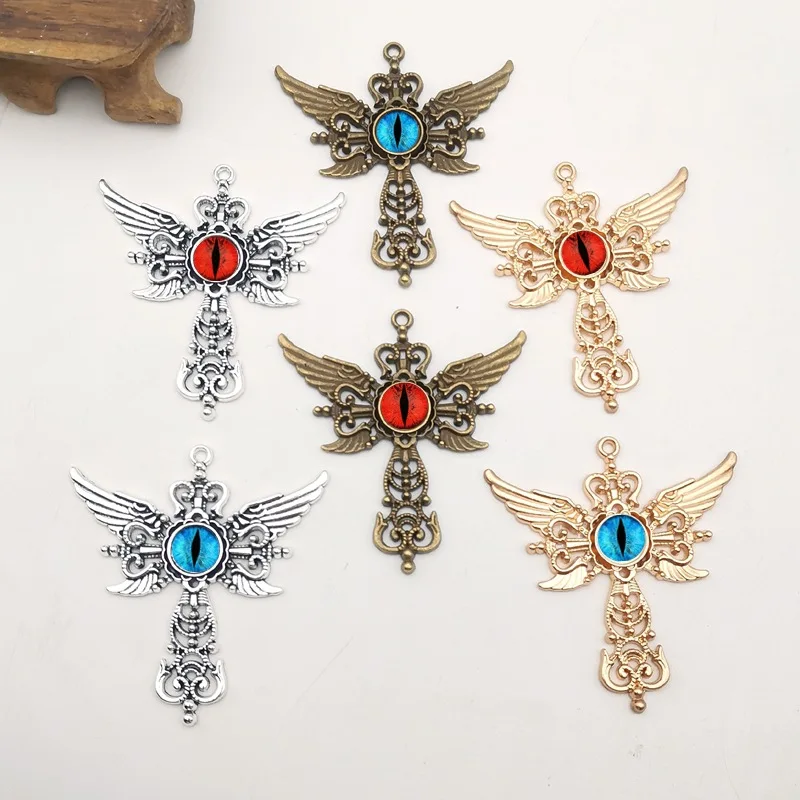 2Pcs Red Devil's Eye Gothic Cross Wings Pendant Vintage Satanic Jewelry Charms for DIY Necklace Earring Bracelet Making Findings