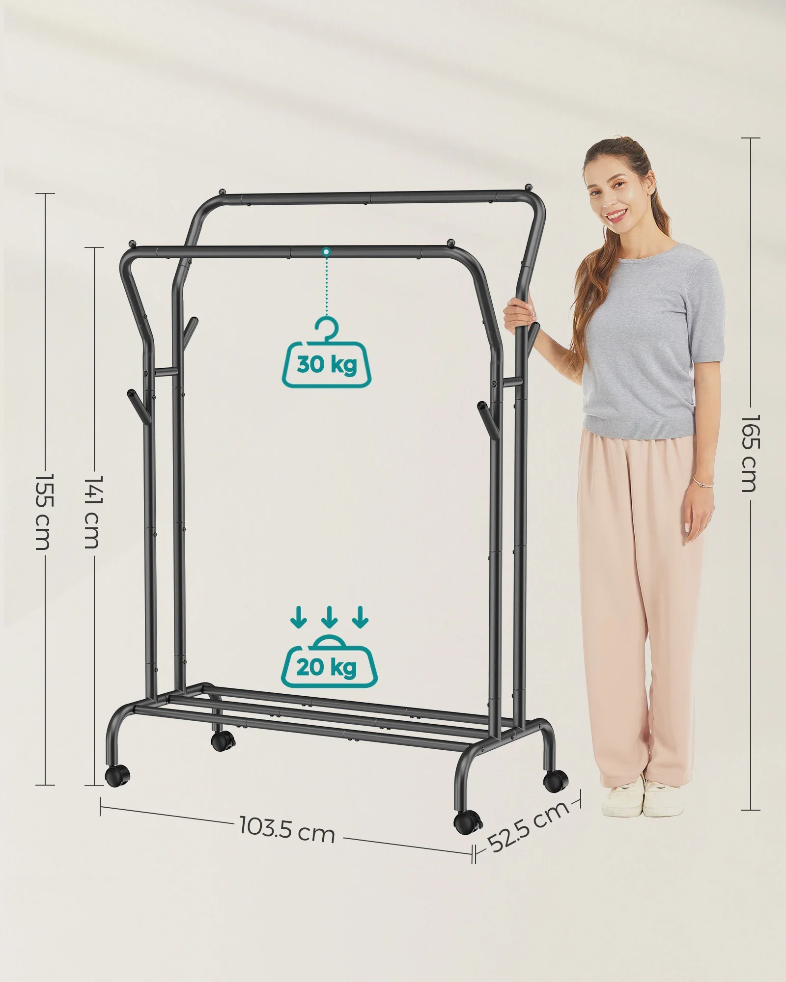 */--Double-Rod Clothing Rack With Wheels 100 Kg Load Capacity Clothes Rack Steel Tubing Drying Rack
