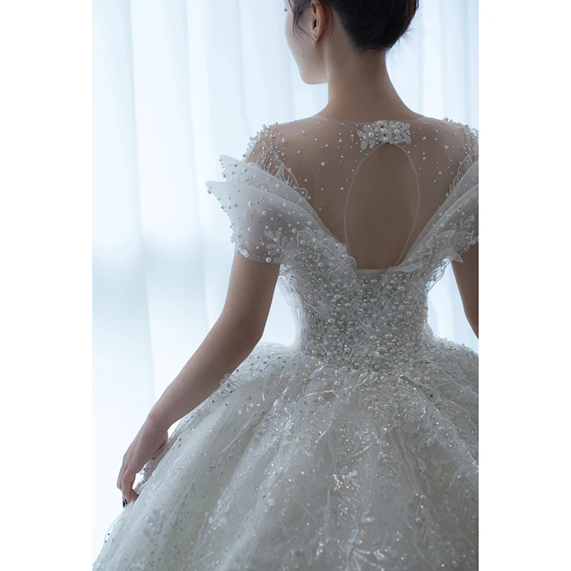 2023 New Luxury Wedding Dress Off The Shoulder V-neck Sexy Lace Applique Princess Wedding Gown With Pearls Vestido De Noiva