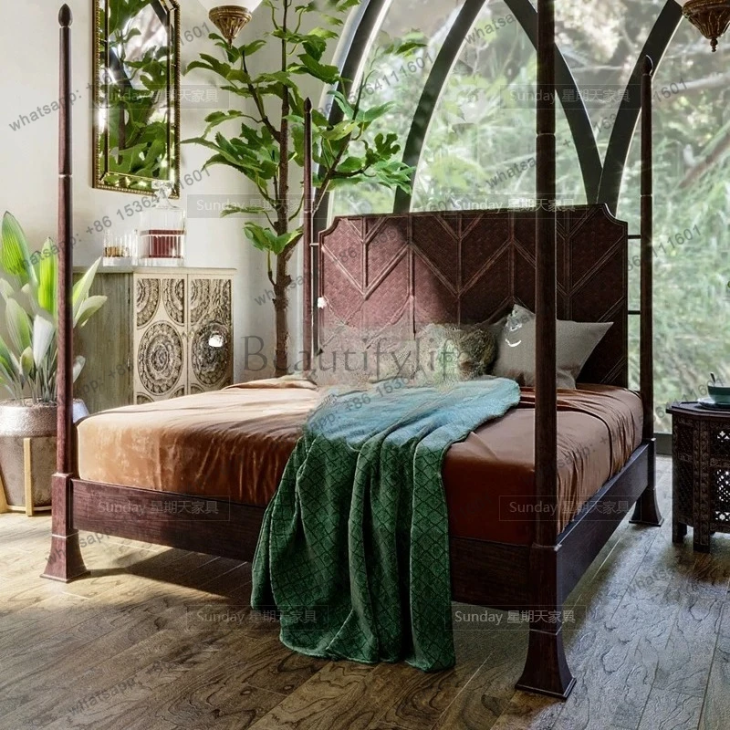 8American pastoral high column bed light luxury French retro double bed Roman column solid wood bed