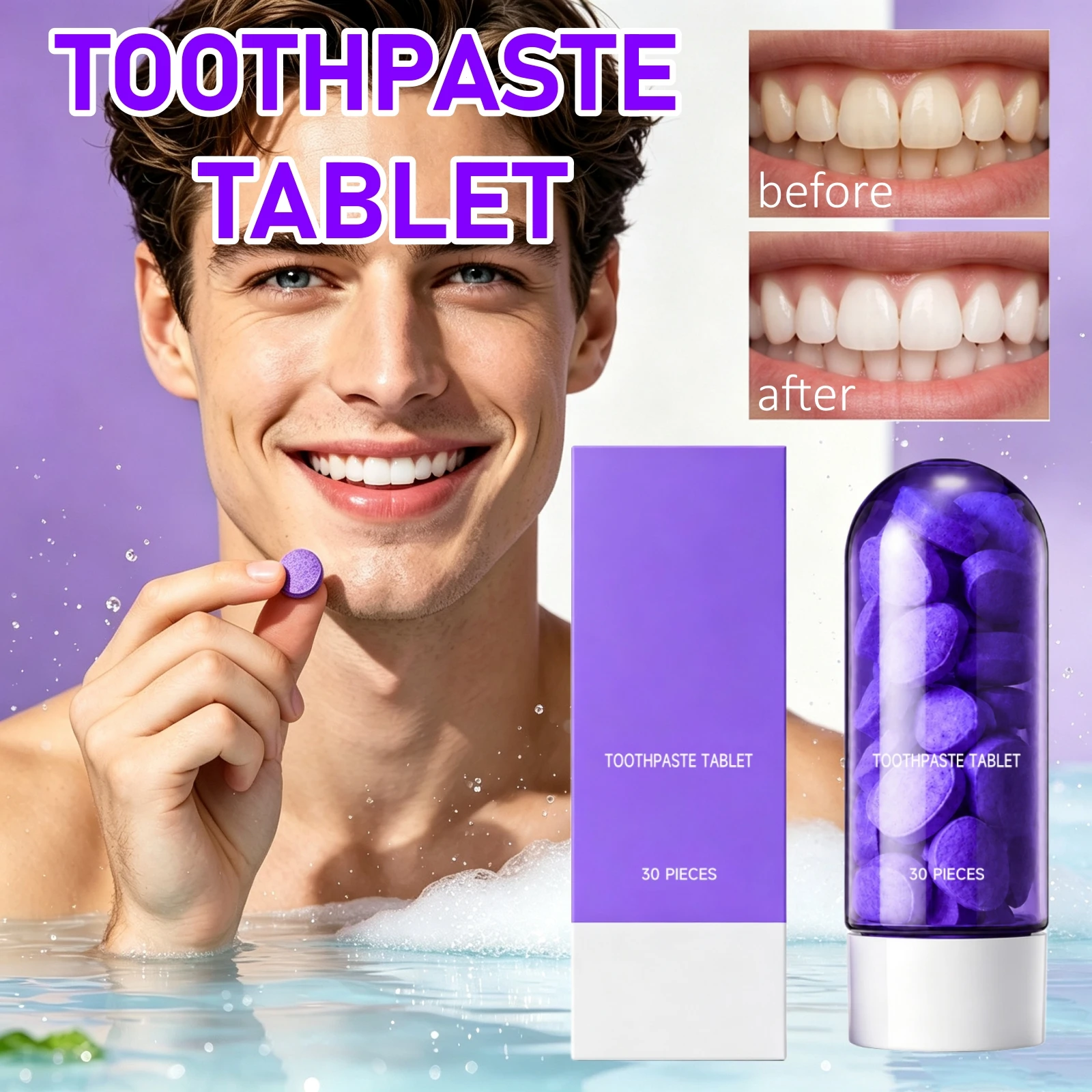 Purple Toothpaste Tablets Anti Yellow Mint Fresh Breath Oral Hygiene Care Eco Friendly Whitening Stain Remove Toothpaste Tablets