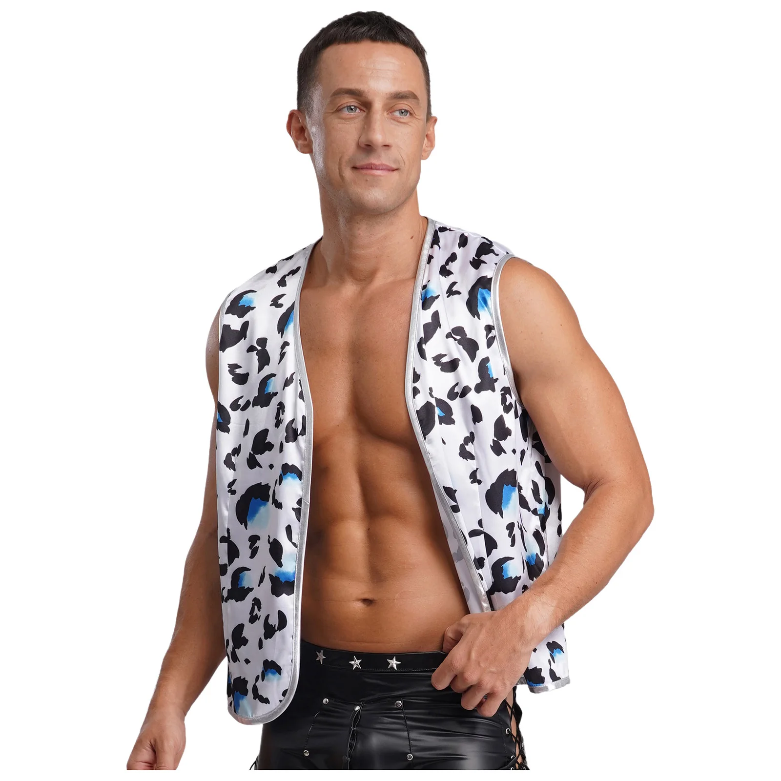 

Men Halloween Cowboy Cow Printed Cosplay Vests Costume Sleeveless Open Front Waistcoat for Party Club Vests High Look Tops