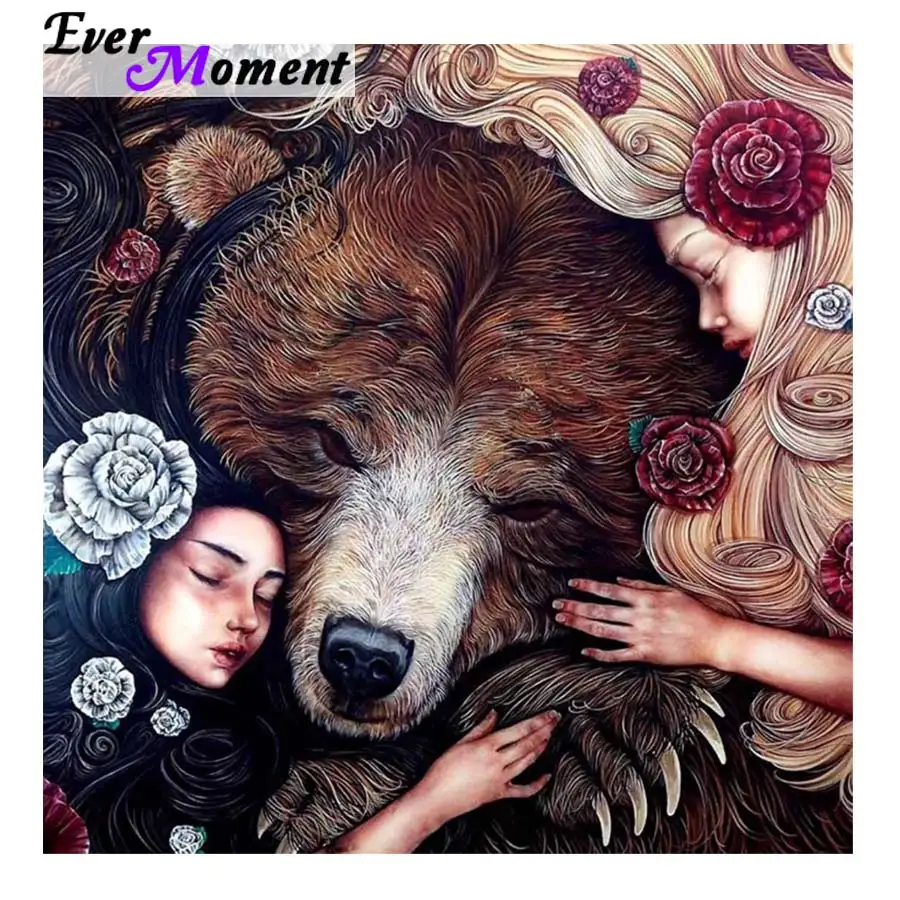

Алмазная картина Ever Moment, цветочные девушки и медведь, сделай сам, 5D алмазная мозаика, полный квадратный портрет, домашний декор с животными ASF974