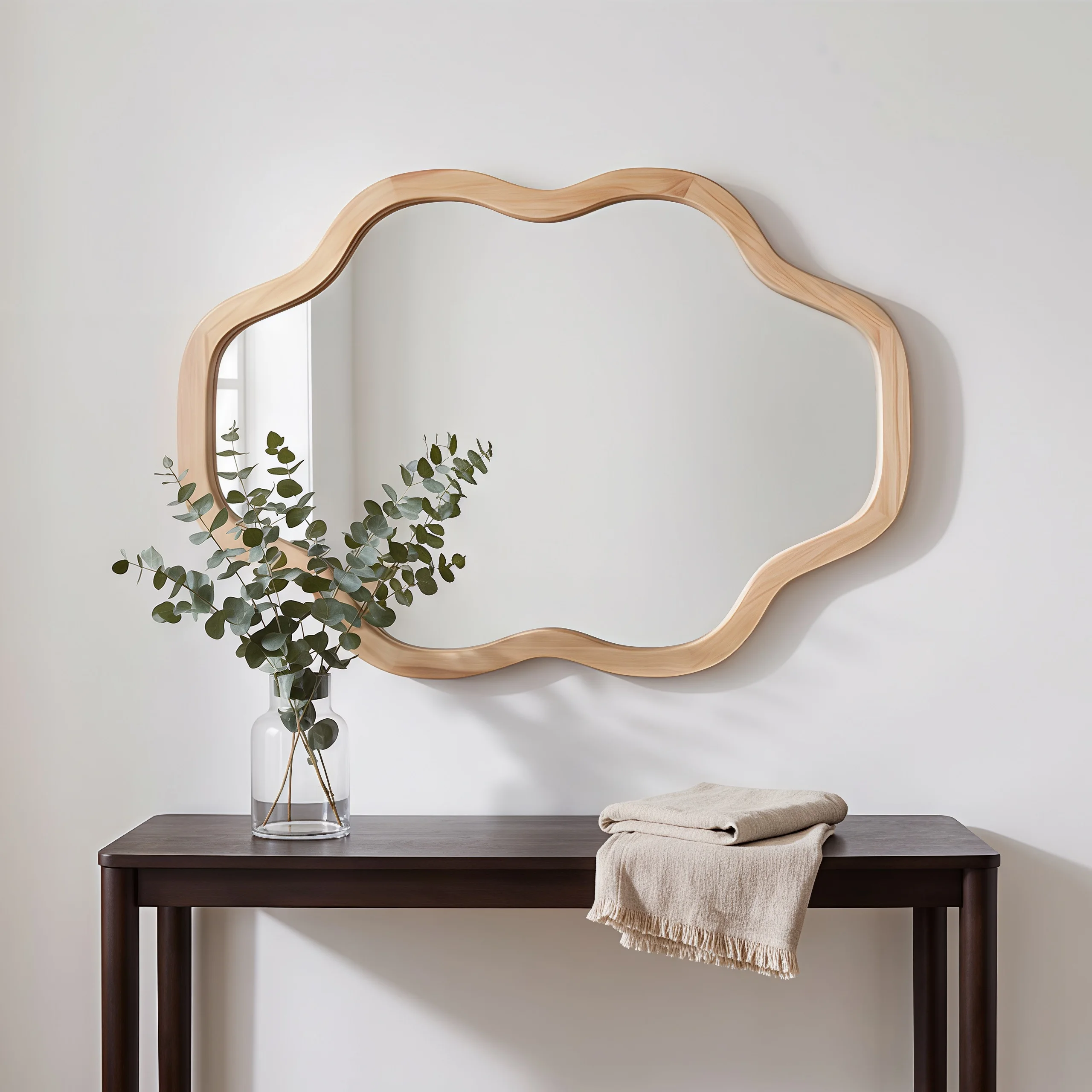20x30 Inch Cloud Shape Wall Mirror, Natural Solid Wood Frame Irregular Scalloped Vanity Mirror, Rustic Farmhouse Decorative Accent Mirror for Bathroom & Living Room