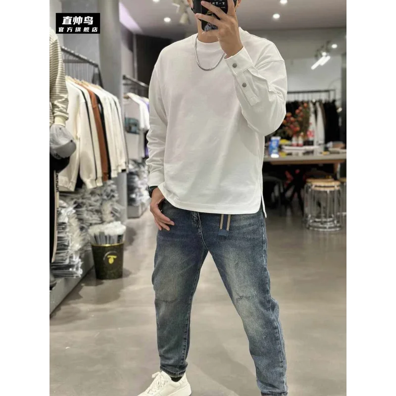 Camiseta de Manga Longa Slim Masculina em Cor Sólida para o Outono, Pullover com Botão no Punho