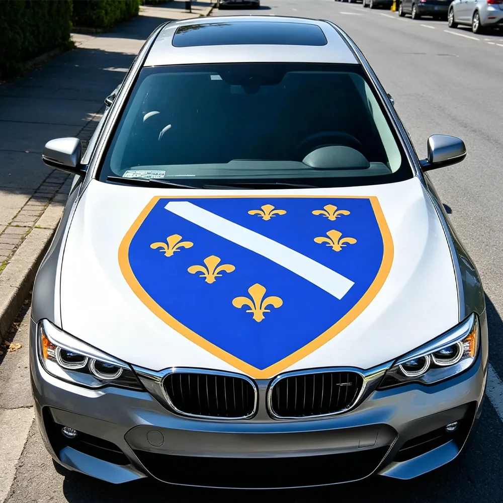 National Bosnia and Herzegovina 1992-1998 Flag Car Hood Cover Elastic Fabrics Engine Cover for Decoration, Stretch Fabric Cover