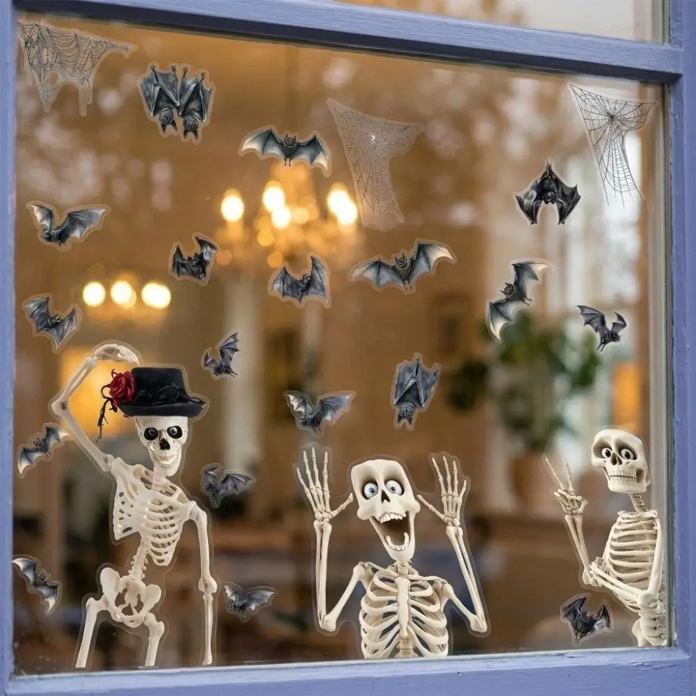 4Pcs Removable Halloween Skeleton Window Stickers PVC Spooky Bat Skeleton Static Stickers Non-Adhesive Transparent Print