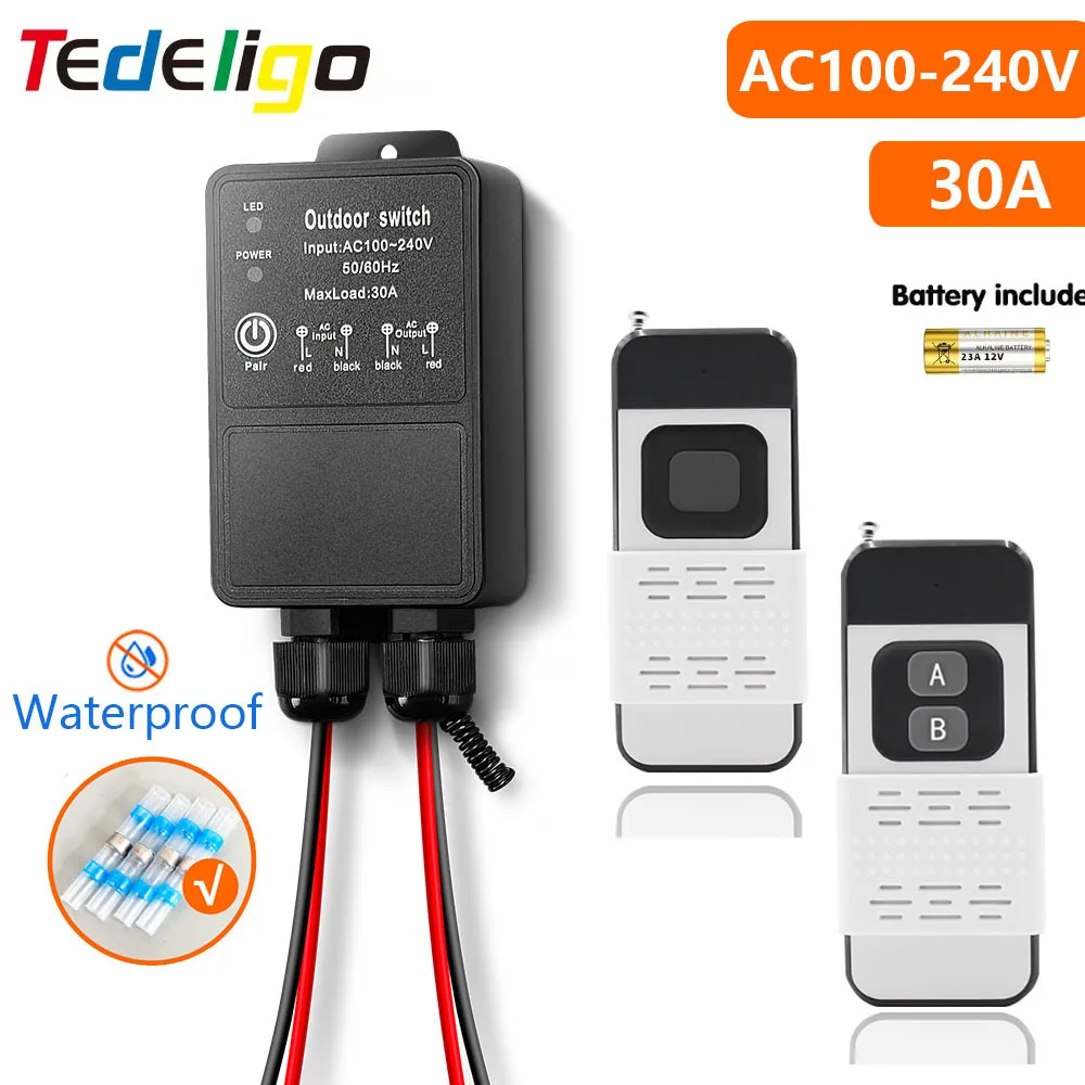 Wireless Remote Control Switch 433MHz AC110V 220V 30A 1CH Waterproof Receiver with Transmitter for Pump,Motor,Lights, Machinery