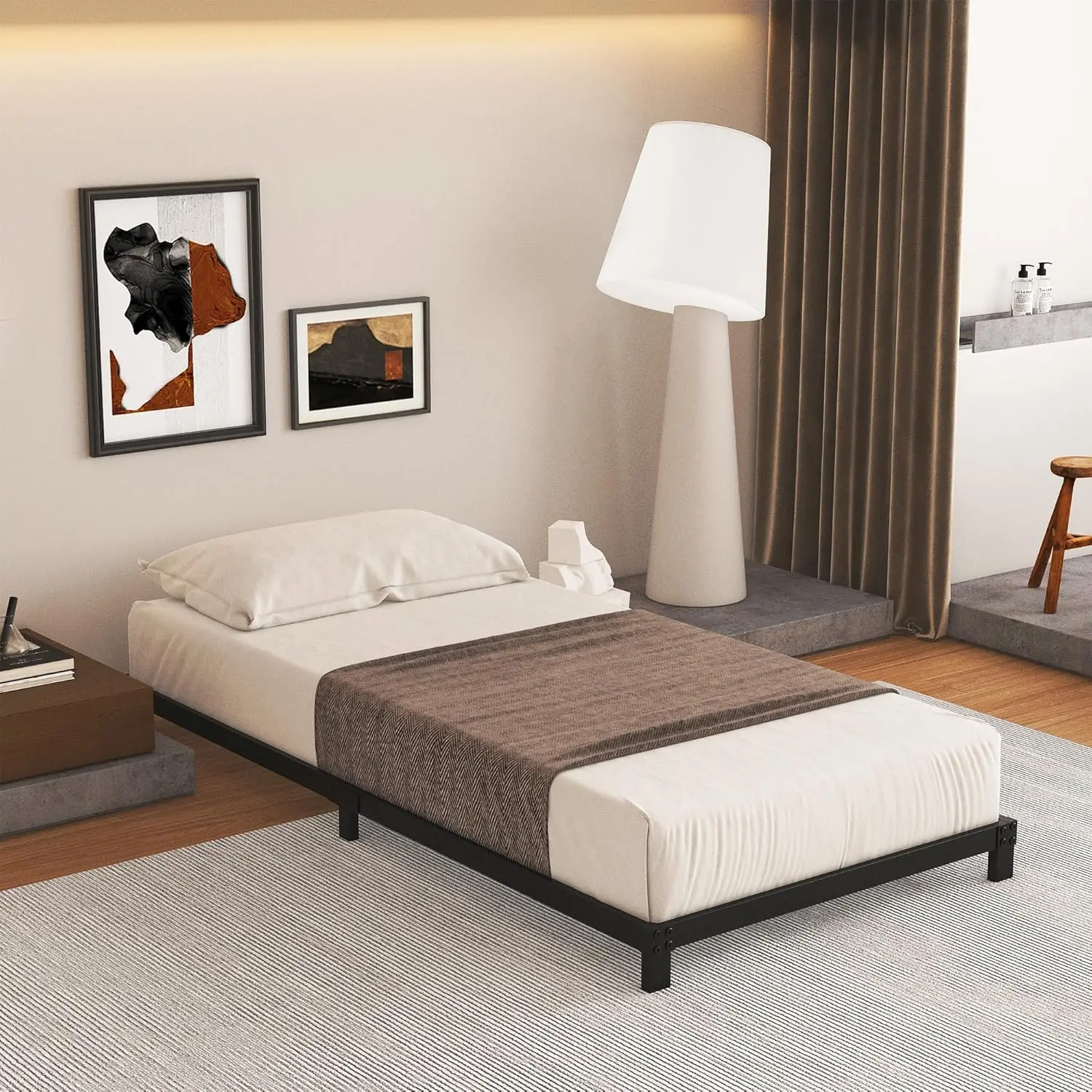 إطار سرير مزدوج منخفض المظهر مقاس 5 بوصات، هيكل فولاذي عالي التحمل، لا حاجة إلى صندوق زنبركي، سهل التجميع، خالي من الضوضاء