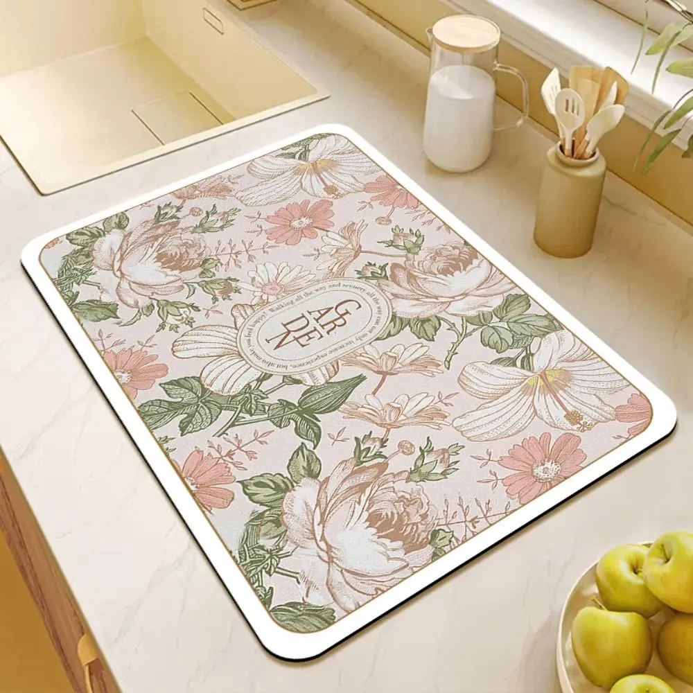 

Countertop Protector Crystal Velvet Drain Pad Retro Printed Dish Drying Mats Non-slip Absorbent Coffee Placemat Countertop