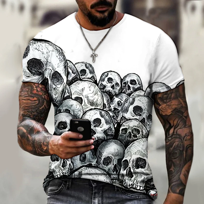 2024 summer Men's Retro T-shirt Skull Rose Romantic 3D Printed Fashion Street Tops Casual Loose Short-sleeve Men Tops Clothing